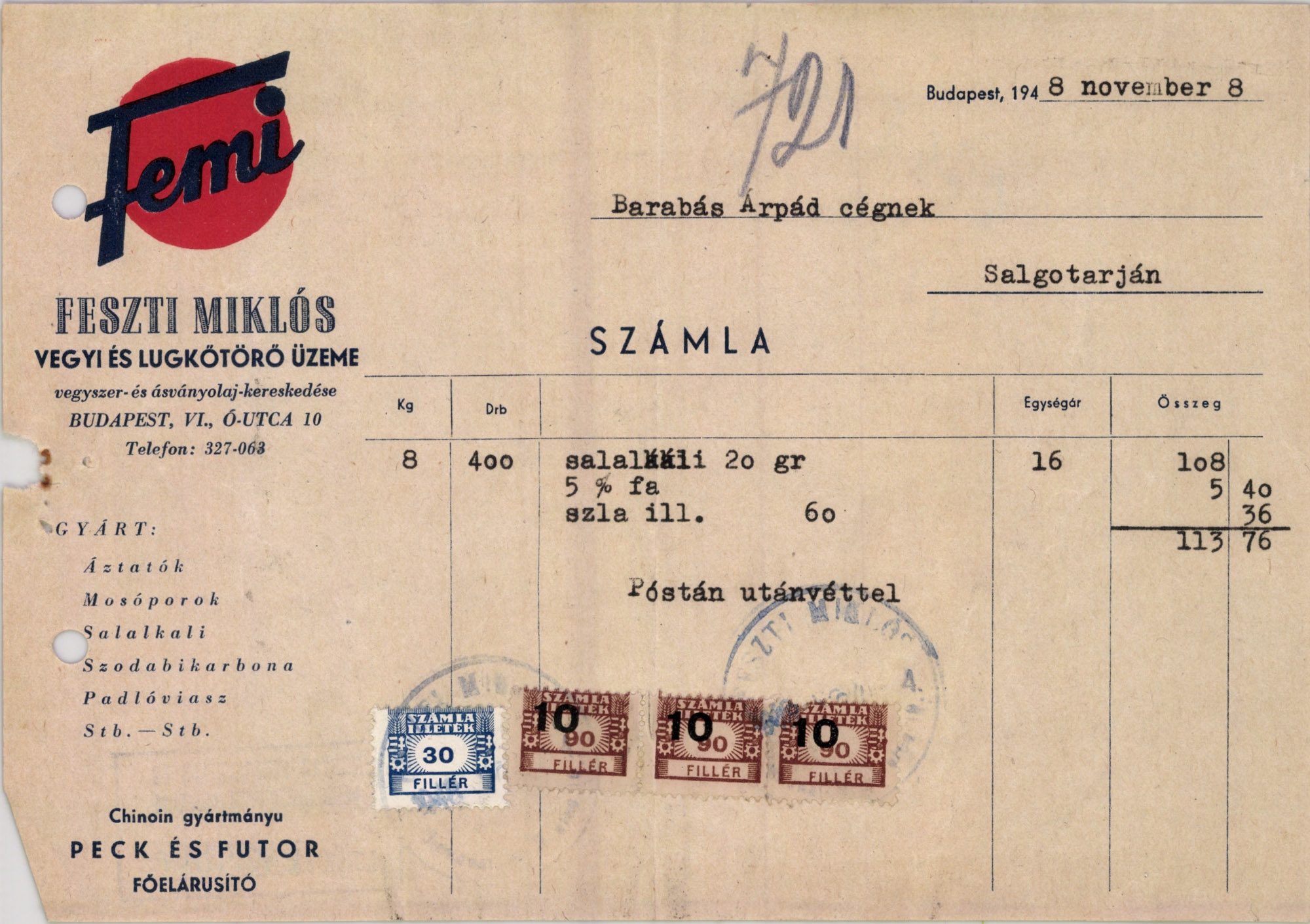 Femi Feszti Miklós vegyi és lugkőtörő üzeme, vegyszer- és ásványolaj-kereskedése (Magyar Kereskedelmi és Vendéglátóipari Múzeum CC BY-NC-SA)