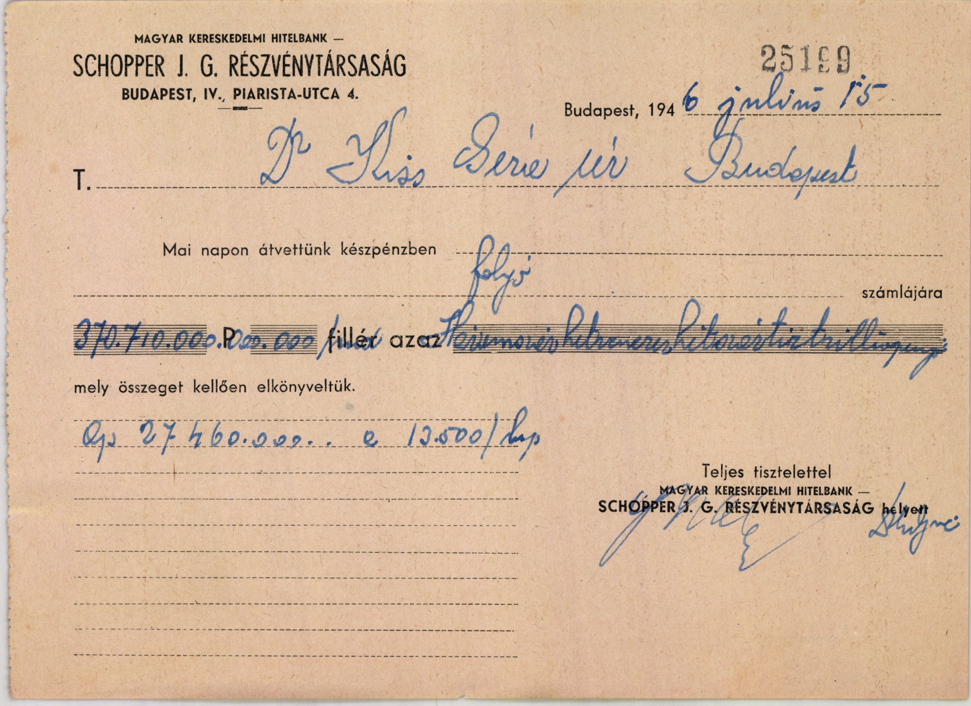 Magyar Kereskedelmi Hitelbank Schopper J. G. Részvénytársaság (Magyar Kereskedelmi és Vendéglátóipari Múzeum CC BY-NC-SA)