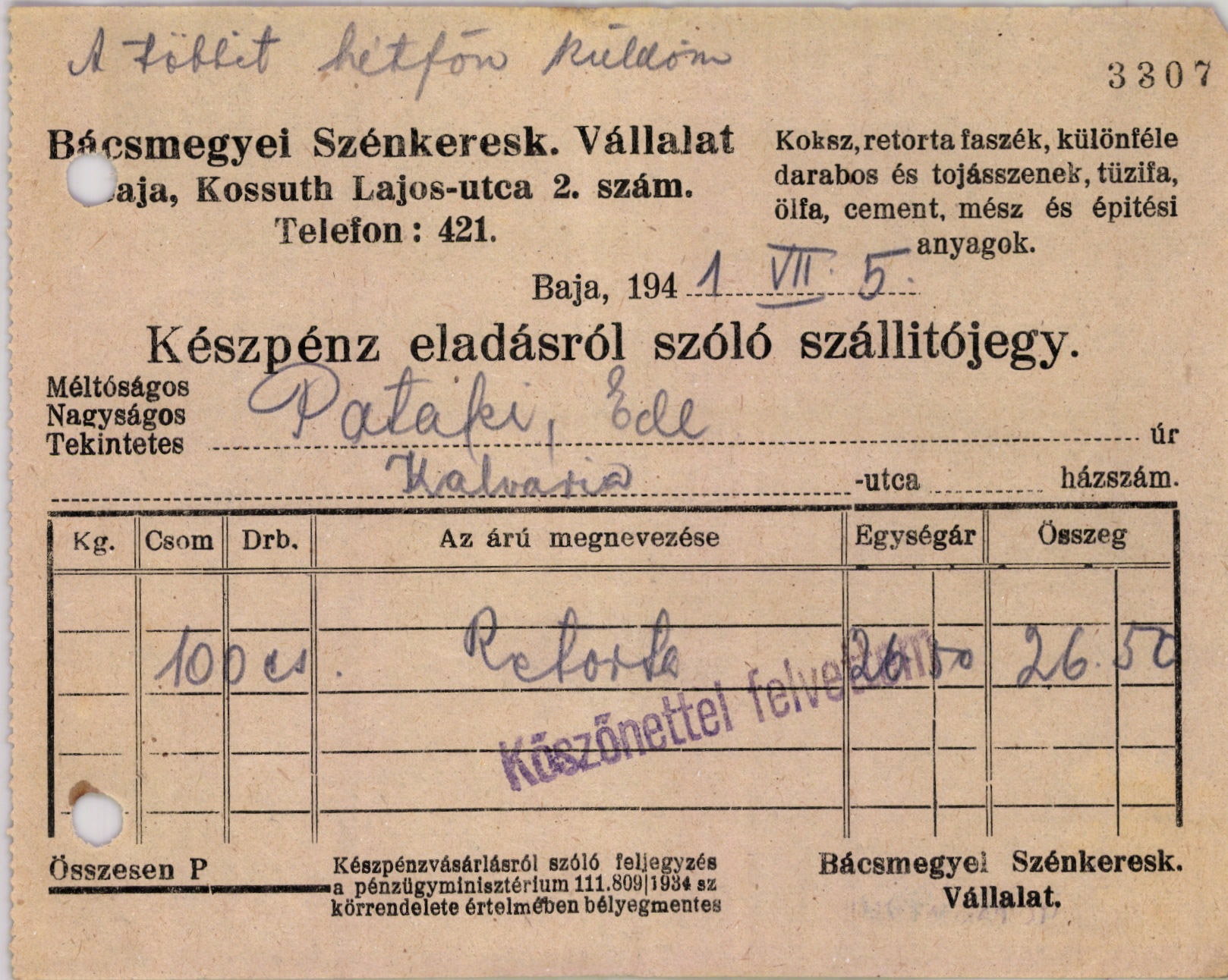 Bácsmegyei Szénkeresk. Vállalat (Magyar Kereskedelmi és Vendéglátóipari Múzeum CC BY-NC-SA)