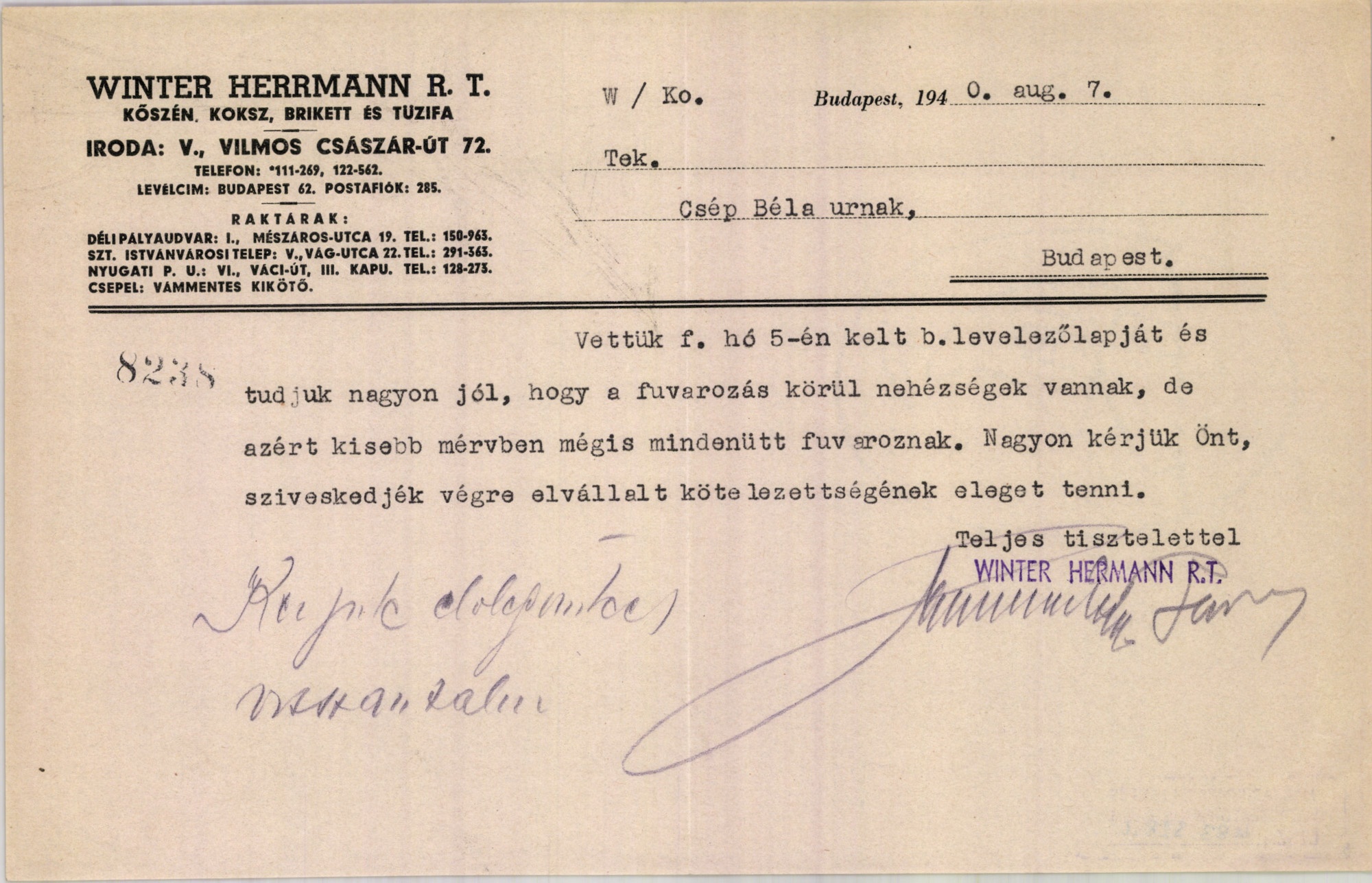 Winter Hermann R. T. kőszén, koksz, brikett és tüzifa (Magyar Kereskedelmi és Vendéglátóipari Múzeum CC BY-NC-SA)