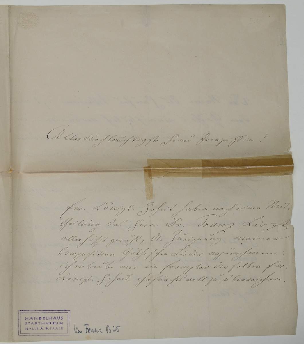 Brief von Robert Franz an Prinzessin Augusta von Sachsen