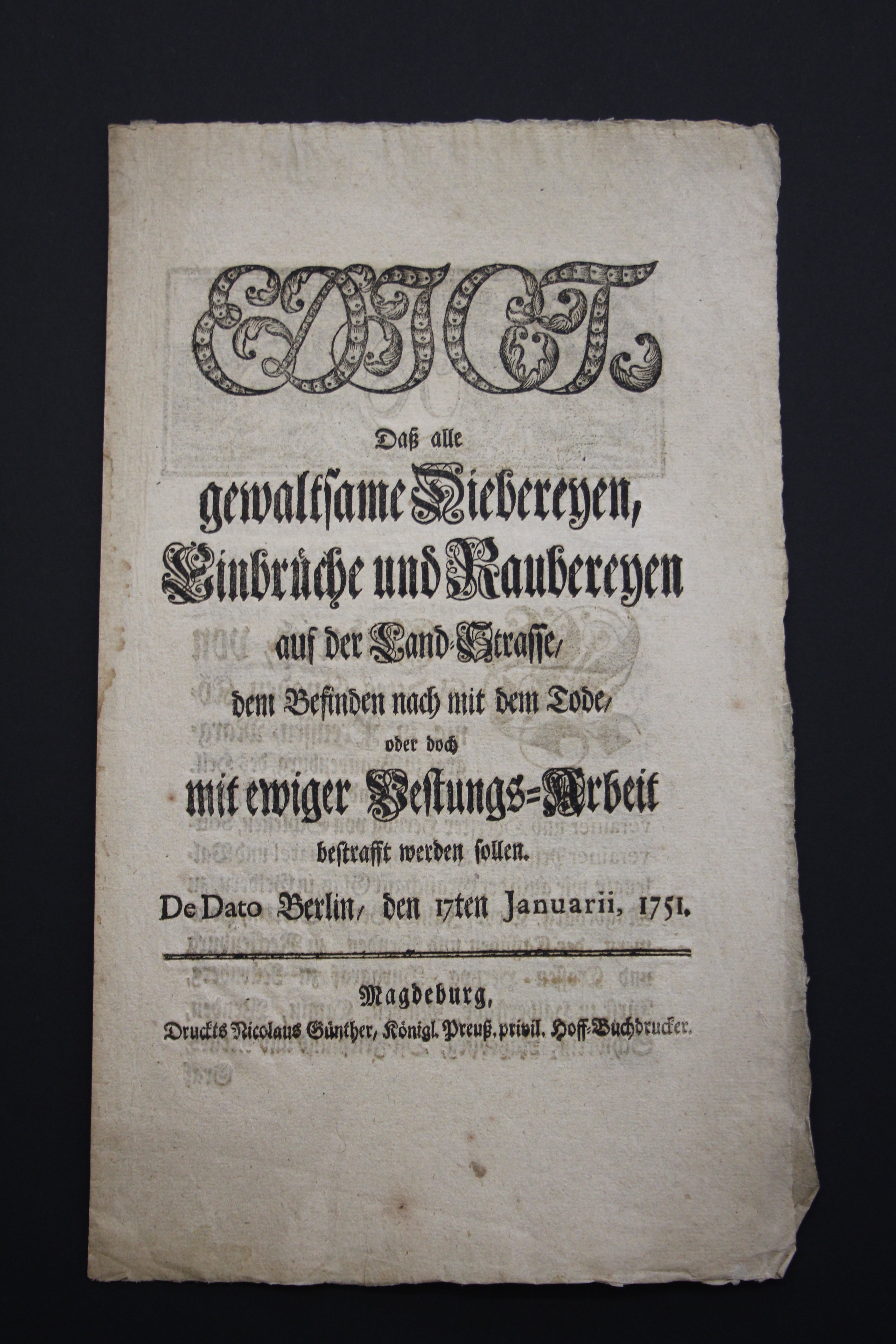 Edikt gegen Dieberei auf der Landstraße :: Prignitz-Museum am Dom