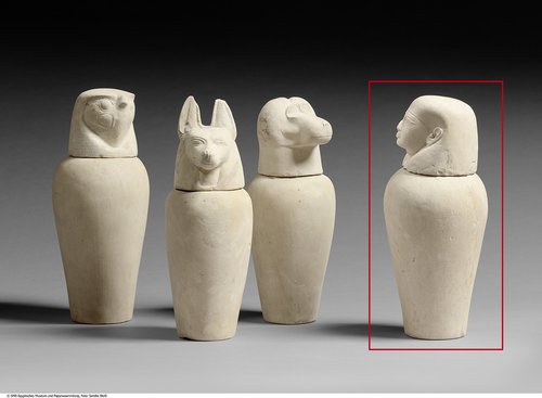 Kanope (Scheinkanope) mit angedeutetem Deckel in Gestalt eines Menschenkopfes (Amset) (Canopic jar (dummy canopic) shaped as the head of Imseti (human))