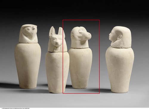 Kanope (Scheinkanope) mit angedeutetem Deckel in Gestalt eines Paviankopfes (Hapi) (Canopic jar (dummy canopic) shaped as the head of Hapy (baboon))