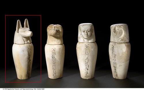 Kanope der Ta-baket-en-ta-aschket, genannt Ta-mit, mit Deckel (Schakalkopf) (Canopic Jar of Ta-baket-en-ta-ashket with Lid Shaped as a Jackal Head)