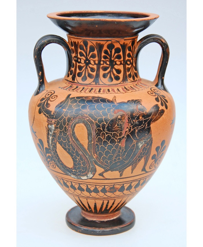 Halsamphora, attisch-schwarzfigurig: Herakles und Nereus / Abschied eines Kriegers, Maler von Villa Giulia M 482. 550-500 v. Chr. :: Friedrich-Schiller-Universität: Archäologische Sammlungen :: museum-digital:thüringen